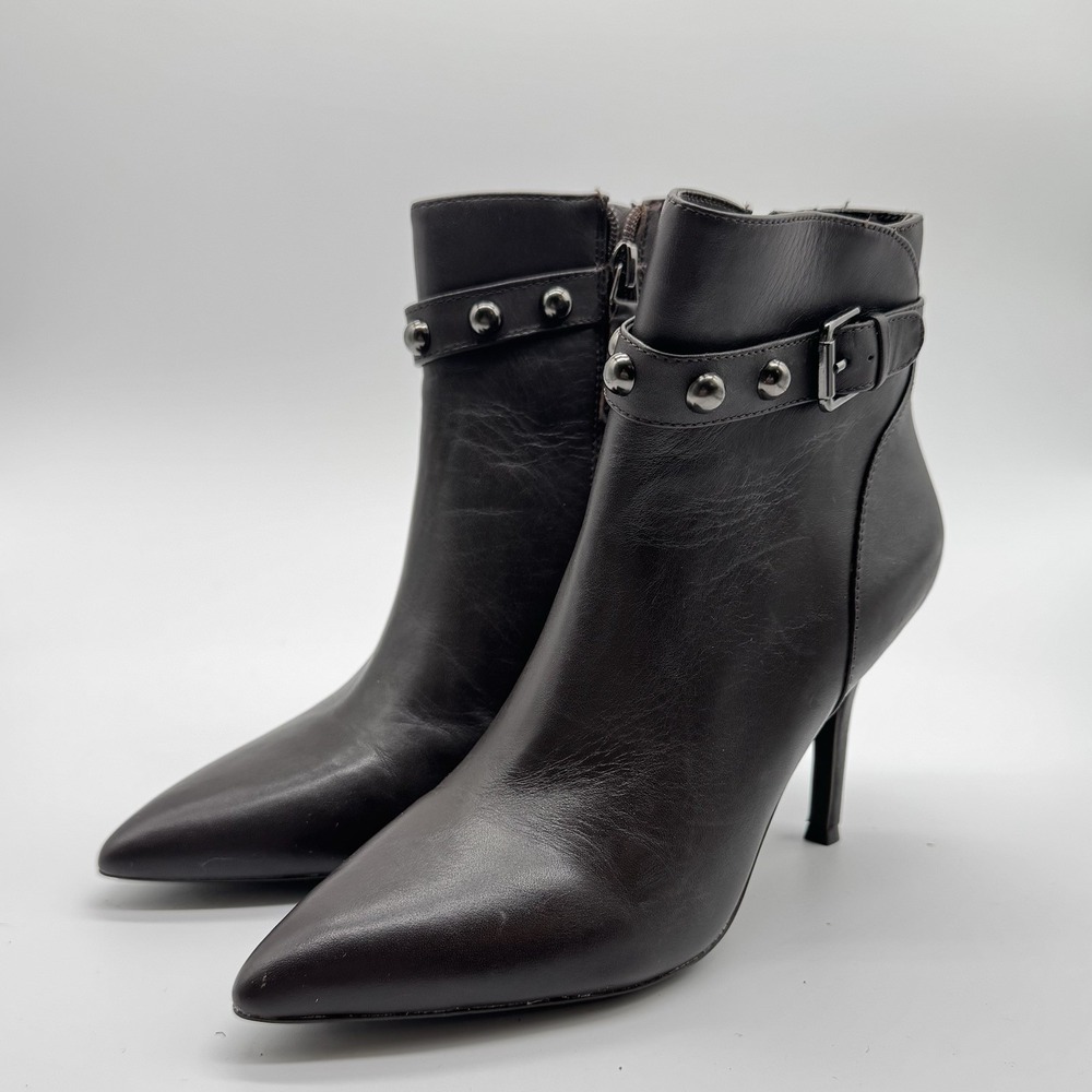 Nine West Womens 6.5M Brown Leather Ankle Boots Pointed Toe 3.5" Stiletto